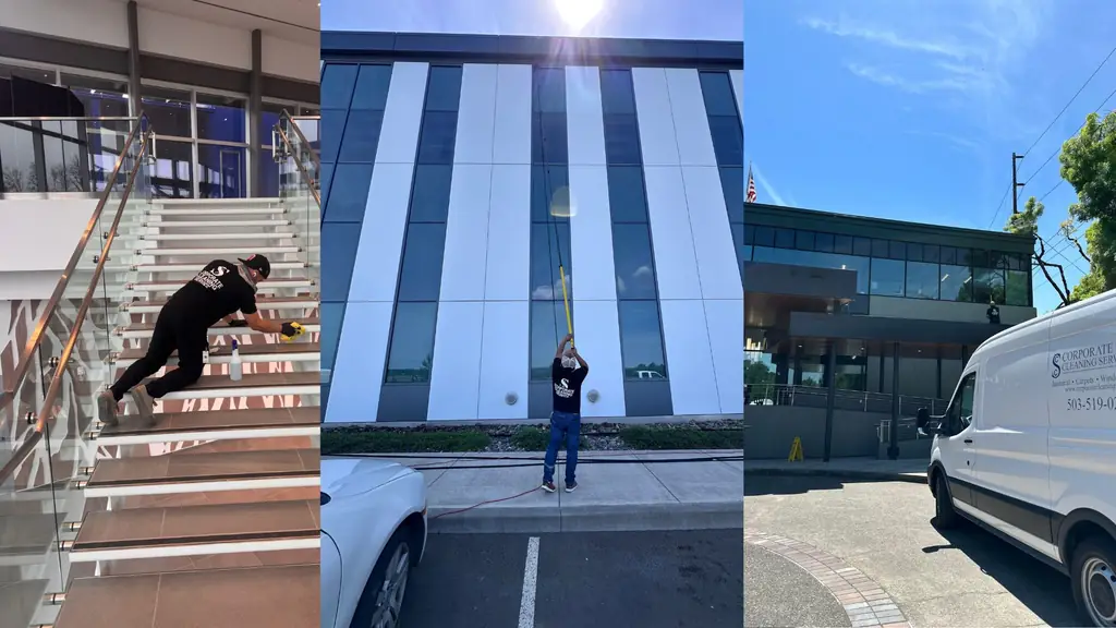 Corporate Cleaning Service crews cleaning glass railings and high windows on a modern office facade